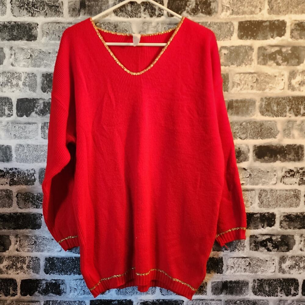 Vintage Red Holiday Christmas Tunic Ribbed Sweater Oversized gold trim One Size